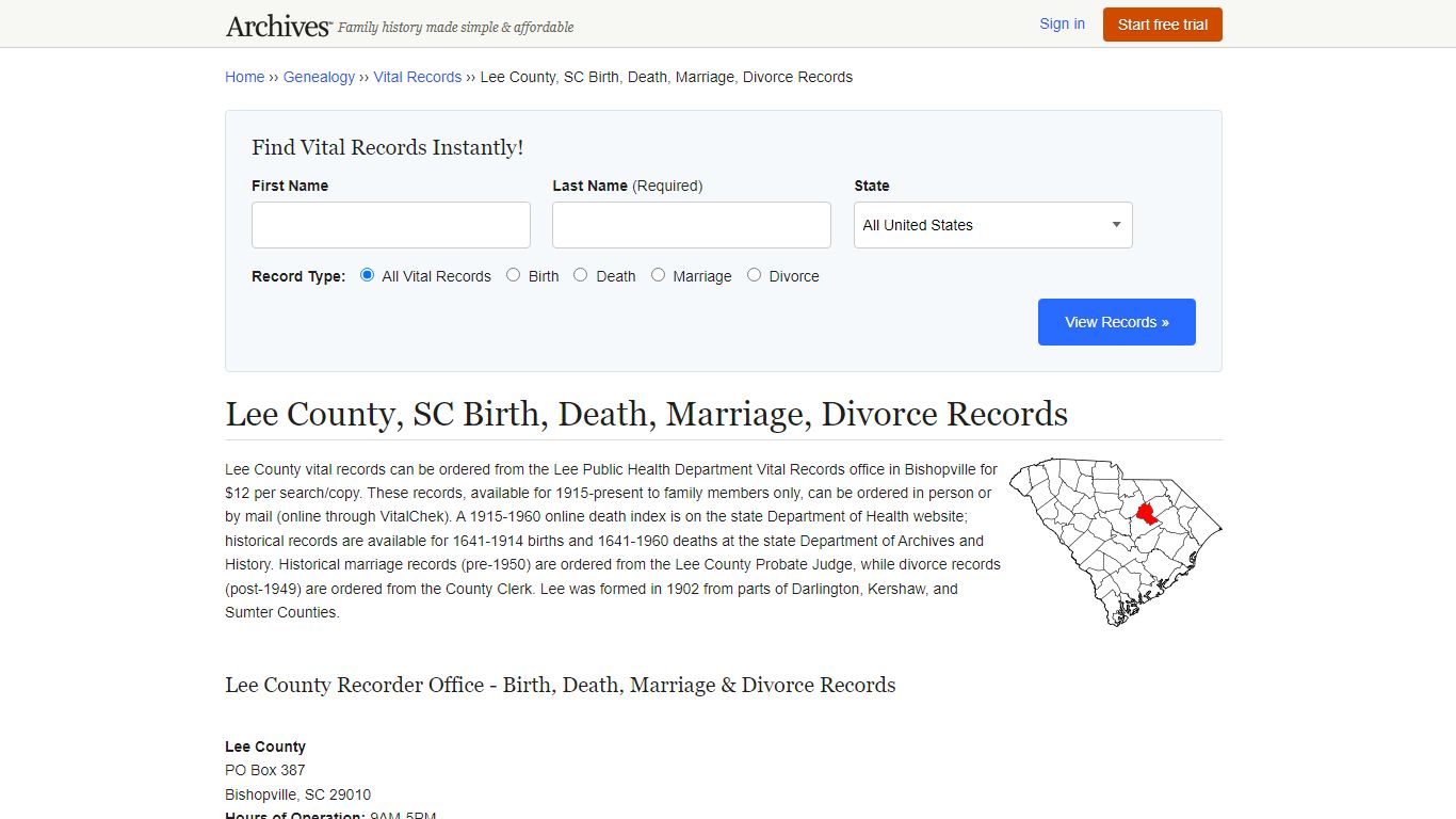 Lee County, SC Birth, Death, Marriage, Divorce Records
