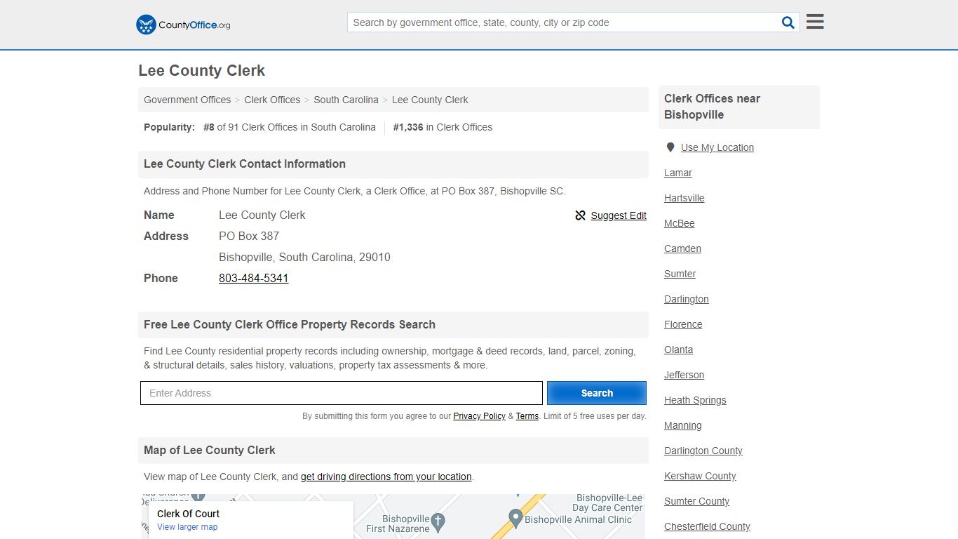 Lee County Clerk - Bishopville, SC (Address and Phone)